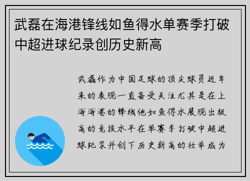 武磊在海港锋线如鱼得水单赛季打破中超进球纪录创历史新高